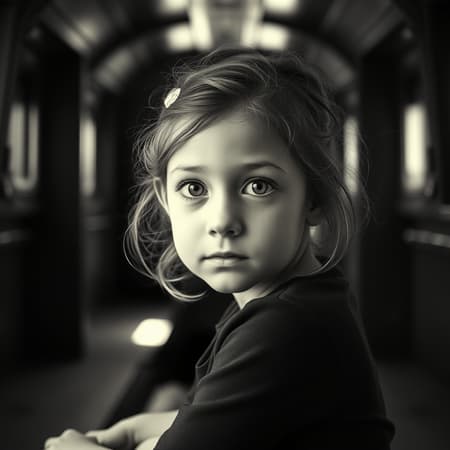 High-resolution black and white photograph of a young girl sitting in an old train cabin, gazing wistfully towards the camera. The image is captured with a cinematic angle, emphasizing the texture and age of the cabin. Soft, dynamic light streams in from behind her, casting gentle highlights and shadows across her features. The background subtly blurs into a creamy bokeh, enhancing the focus on her contemplative expression. The atmosphere feels both nostalgic and intimate, capturing a moment frozen in time with professional artistry.