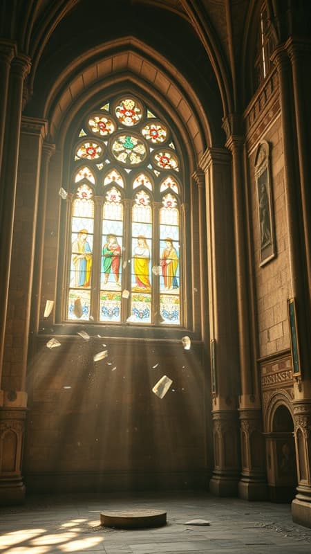 Aging, timeworn ancient cathedral with dust coating its surfaces; vibrant stained glass window shattering; sunlight streaming through the broken opening, illuminating the space; shards of glass suspended in mid-air, catching the light; advanced raytracing techniques highlighting exquisite reflections; rendered using cutting-edge technology like RTX and Octane; presented in breathtaking 4K and 8K resolution, showcasing stunning volumetric lighting effects.