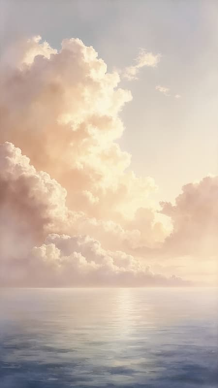 A captivating watercolor painting portrays the tranquil majesty of a grand sky converging with the calm sea at the horizon, enveloped in a palette of tan, taupe, brown, creamy white, and lavender hues, evoking a mist-shrouded vista. The clouds vary in intricacy, with some sharply detailed while others drift into the backdrop, contributing to an illusion of depth, as if viewed through a 2D sculptural lens.