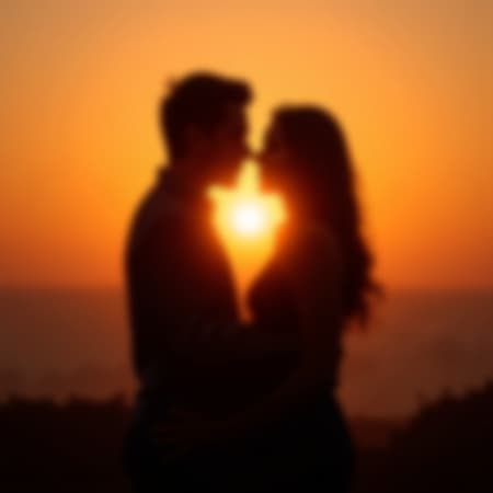 In the tender hush of twilight, two lovers are entwined in each other’s arms, their forms a graceful dance of shadow and warmth. The soft, golden hue of the setting sun casts a heart-shaped halo around them, painting their silhouettes with a loving glow that speaks of an unspoken, timeless connection.