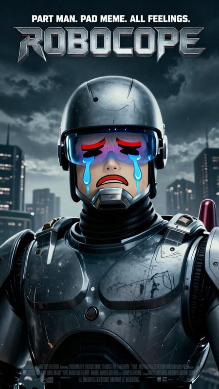 Movie Poster For "robocope", A Movie poster for "Robocope", a distressed Robocop with a crying wojak meme face drawn onto his visor, tears streaming down. The background is a dark, cloudy sky over a futuristic city skyline. The art style is a blend of photorealism for Robocop and the city, with a hand-drawn, meme-like overlay for the face. The mood is melancholic and darkly humorous. Colors are predominantly dark blues, grays, and blacks, with bright red accents in the wojak eyes and blue tears. Text at the top reads "PART MAN. PART MEME. ALL FEELINGS." and the title "ROBOCOPE" in metallic, distressed font. Other movie credits are at the bottom.