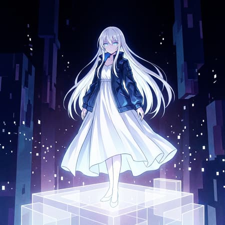 Anime Girl On Floating Digital Platform Anime girl with long white hair and blue eyes, wearing a white dress and blue jacket, standing on a floating white digital platform. The background is a dark, expansive digital void filled with abstract, blocky structures in shades of deep blue. Scattered white pixels float in the darkness. The art style is digital anime, with clean lines and sharp contrasts. Lighting is dramatic and high contrast, emanating from the white platforms, creating a mysterious and ethereal mood. Dominant colors are stark white, deep blues, and pure black. The atmosphere is otherworldly and serene, with a subtle digital noise texture. Full body shot, centered composition.