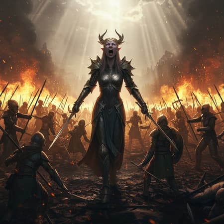 Massive scale, warriors, women, elves, stunningly beautiful and epic, a battle in slow motion, powerful rage and goddess-like presence, intricate armor and weaponry, a forgotten battlefield, a wall of fire in the background, occlusion effects, epic wide shot, aerial perspective, dark fantasy, CGI realism, depth focus, crepuscular rays and sunbeams, photorealistic detail, complex maximalist design, hyperrealistic imagery, in the style of Dragon Age, mythical strength and determination illuminating the scene.