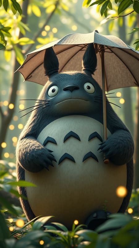 Create a lifelike 3D model of Totoro with a realistic texture that captures the enchanting aura of Studio Ghibli's beloved creature, maintaining Hayao Miyazaki's whimsical style. Add subtle creative touches, like a more detailed fur pattern and softly glimmering eyes, while preserving Totoro's iconic round body, gentle smile, and signature umbrella. Place Totoro in a lush forest setting, filled with softly glowing fireflies and gently swaying leaves, casting dappled light across the scene to enhance the magical atmosphere.