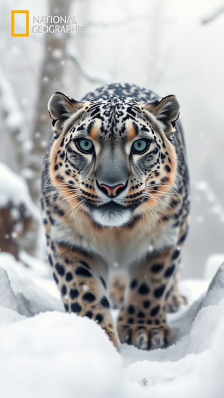 A National Geographic award-winning wildlife medium shot capturing a stealthy snow leopard in a snowy rocky mountain forest on a foggy day, its full body visible and covered in a dusting of snow. The image is highly detailed and high resolution, featuring the snow leopard looking directly at the viewer with an intense, predatory gaze. Its eyes are hyper-detailed, and the focus is crisp, capturing the natural lighting and serene yet powerful presence of the scene.
