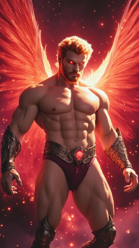 Anteres, Angel of the Red Star (red supergiant star). Celestial, powerful, warrior Angel, universal power. Tall, muscular, bodybuilder's build, big massive muscles. Caucasian male, strong brow and jaw, squared jaw, handsome masculine rugged face, sculpted cheeks. Glowing red eyes with a piercing stare. Short spiky flaming red hair fade hairstyle short on sides and back, longer on top. Short, sculpted well trimmed red Beard close to face. Bare chest, rippling muscles. Metallic red pauldrons on shoulders, metallic red bracers on arms, metallic red gladiator kilt barely covering legs. Metallic gold belt with Ruby gem center. Metallic red boots, knee-high length. Huge red feathery Angel wings ranging from scarlet to crimson, the brighter feathers on the insides and center of wings. He has a bright red aura and emits red energy, just like the star he is connected to. Full body pose, flying through space around the red supergiant star, Anteres. 