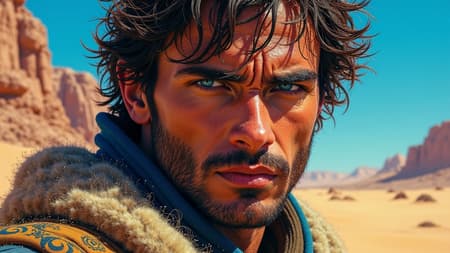 Psychedelic Dune character portrait featuring a rugged male figure with striking blue eyes and weather-beaten skin, revealing a hint of stern determination. He wears weathered desert attire that seems to dance with the invisible desert breeze. The background is a mesmerizing fusion of vibrant, psychedelic hues, swirling and morphing like an otherworldly sky. Intricate patterns adorn his garments, shimmering sand particles dust his skin, and tiny reflections glint in his eyes, enhancing the portrait's impact. The scene exudes a surreal, ethereal vibe, aligning with the enigmatic spirit of the Dune universe. An aura of quiet strength and tension permeates the air, mirroring the character's internal struggles and triumphs. Influenced by Conrad Roset, Greg Rutkowski, and Makoto Shinkai, the artwork merges Roset's dynamic color and fluid lines, Rutkowski's masterful lighting and detail, and Shinkai's expansive sense of drama, encapsulating the essence of the Dune character in a uniquely beautiful and surreal style.