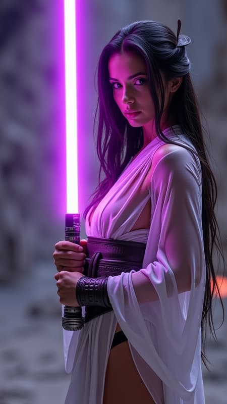 realistic, PHOTOREALISTIC, ((perfect anatomy)), (futuristic warrior wielding purple lightsaber:1.3), ((sexy dynamic pose:1.3)), 25 years old, perfect quality, high quality,(sci-fi, star wars, jedi knight, empress, married), Jaina solo, big brown eyes, dark brown hair, long straight intricate hair, athletic female, ((fitness models, muscle detail, detailed muscle)), long athletic muscular legs, athletic round muscular butt, athletic hips, perfect breasts, perfect body, epic, long hair, intricate hairstyle, cute, soft skin, soft skin, textured skin ,shining glossy skin, soft abs, athletic waist, (slender body), dynamic angle, dynamic, dynamic shot, sci-fi, futuristic, ((intricate transparent flowing sheer jedi robes showing sexy body underneath:1.2, armor parts on body:1.2, marble armor:1.2, greave, boots)), glowing Kintsugi tattoos on body:1.3, Expressiveh, (volumetric lighting:1.2), cinematic, cinematic lighting, reflections, ultra hd, visual effects, graphic effects, ambient occlusion, raytracing, soft lighting, realistic, blum effect, masterpiece, absolutely eye-catching, particles, glow, shining, (intricate cinematic background, on space station, outer space in background, leaping into the air towards unseen sith lord swinging lightsaber at them, dimly lit room, seducing viewer, god rays), (beautiful cute face), aidmaMJ6.1, aidmaimageupgrader, aidmaHyperrealism, aidmafluxpro1.1, Perfect hand, Detailed hand