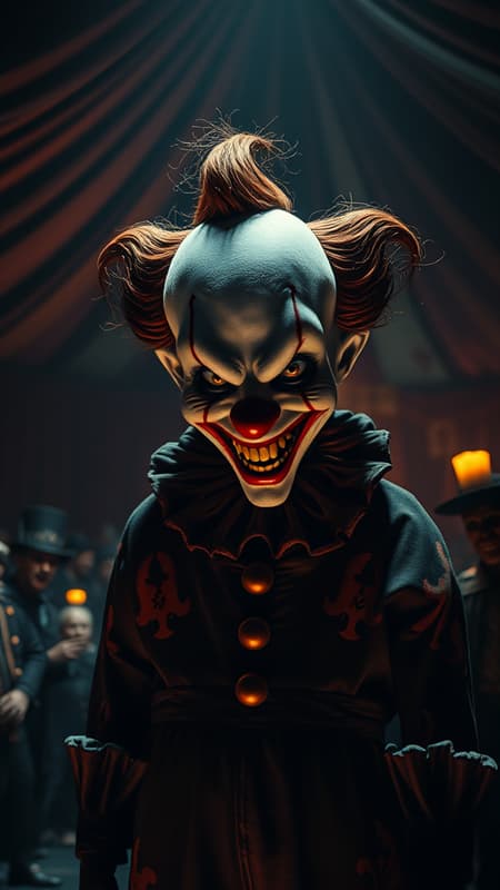 A diminutive, sinister clown with a chilling grin stands amidst a shadowy, grotesque circus performance, enveloped in an atmosphere of horror and darkness. The scene is detailed with intricate designs, captured under dramatic lighting that highlights the malevolent features of the clown's face. The photorealistic, cinematic quality of the image, accentuated by subtle cinematic noise, draws the viewer into the unsettling world. The circus tent looms behind, filled with eerie shadows and macabre curiosities, enhancing the nightmarish allure of the spectacle in stunning 8k resolution. A diminutive, sinister clown with a chilling grin stands amidst a shadowy, grotesque circus performance, enveloped in an atmosphere of horror and darkness. The scene is detailed with intricate designs, captured under dramatic lighting that highlights the malevolent features of the clown's face. The photorealistic, cinematic quality of the image, accentuated by subtle cinematic noise, draws the viewer into the unsettling world. The circus tent looms behind, filled with eerie shadows and macabre curiosities, enhancing the nightmarish allure of the spectacle in stunning 8k resolution.