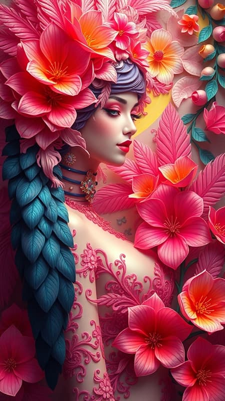 A dazzling digital painting in the spirit of paper craft, featuring a voluptuous concubine adorned with intricate feathers and vibrant flowers. Inspired by the botanical elegance of Ernst Haeckel and Maria Sibylla Merian, this artwork channels the vibrant styles of Tristan Eaton, Victo Ngai, Artgerm, Rhads, Ross Draws, Kaethe Butcher, Hajime Sorayama, Greg Tocchini, and Virgil Finlay. The scene is imbued with sci-fi elements, bathed in neon lights, and rendered with vivid colors. The composition, defined by Ilya Kuvshinov's signature aesthetic, showcases an 8K, UHD, HDR quality, focusing on a harmonious blend of surreal beauty without distracting artifacts like out-of-frame elements, blurriness, or unnecessary text overlays.