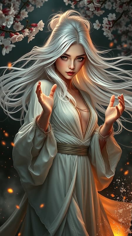 A photorealistic depiction of a stunning young female wizard with flowing white hair caught in the wind, her hairstyle reminiscent of an award-winning design. She stands in an action pose, her intense gaze fixed on the viewer. The richly detailed scene, inspired by Japanese culture, features embers and a cherry blossom background, adding depth and glow to the composition. Her elegant dress flows around her, revealing a hint of a dekoltee, as her hands reach up gracefully. Water splashes around amidst a misty ambiance, highlighting her magical aura. The hyperrealistic artwork, brilliantly detailed with realistic skin texture and intricate features, is a masterpiece of 8k digital art, rendered with advanced techniques like ray tracing and octane render. Luminescent glow effects illuminate her expressive face and detailed hands. Influences from renowned artists such as Grzegorz Rutkowski, Artgerm, and Alphonse Mucha are evident in the lush, cinematic style, vividly overlaid with vivid colors. The image's sharp focus and deep perspective draw the viewer into its enchanted world, beautifully balancing a fantasy essence with exquisite realism. A photorealistic depiction of a stunning young female wizard with flowing white hair caught in the wind, her hairstyle reminiscent of an award-winning design. She stands in an action pose, her intense gaze fixed on the viewer. The richly detailed scene, inspired by Japanese culture, features embers and a cherry blossom background, adding depth and glow to the composition. Her elegant dress flows around her, revealing a hint of a dekoltee, as her hands reach up gracefully. Water splashes around amidst a misty ambiance, highlighting her magical aura. The hyperrealistic artwork, brilliantly detailed with realistic skin texture and intricate features, is a masterpiece of 8k digital art, rendered with advanced techniques like ray tracing and octane render. Luminescent glow effects illuminate her expressive face and detailed hands. Influences from renowned artists such as Grzegorz Rutkowski, Artgerm, and Alphonse Mucha are evident in the lush, cinematic style, vividly overlaid with vivid colors. The image's sharp focus and deep perspective draw the viewer into its enchanted world, beautifully balancing a fantasy essence with exquisite realism.