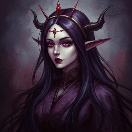 Demon Princess Depicted Artwork Demon princess depicted in a classical oil painting style with fantasy elements, characterized by stylistic brush strokes on canvas. Inspired by the works of Kawacy and Makoto Shinkai, the artwork captures a hauntingly beautiful figure, blending ethereal elegance with a dark, enigmatic presence. The canvas features a mesmerizing interplay of light and shadow, with intricate details and vibrant colors, evoking the feeling of a fantastical world. No text, watermark, or artist names are present, allowing the imagery to speak for itself and transport the viewer into a realm of imagination inspired by timeless artistry.