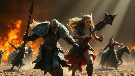 Massive scale warriors woman elf gorgeous beautiful epic battle run pose slow motion powerful rage goddess intricate armor weapon ancient battlefield fire wall background occlusion epic wide shot aerial view dark fantasy CGI depth of field sunbeams photorealistic realistic richly detailed hyperrealistic in a Diablo-inspired style 