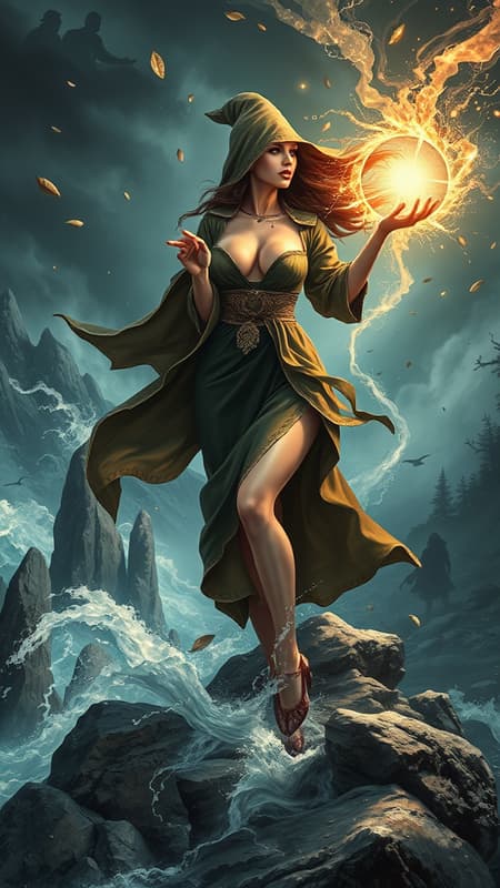 Art inspired by Robert Maguire, featuring a stunning pinup model with lustrous skin, enveloped in soft lighting, adorned in a wizard's robe atop a windy mountain peak amidst a brewing storm. The scene captures a fantasy wizard casting a spell, as swirling water and electric sparks dance around her. Pillars of rock emerge from the earth amid the storm's fierce winds, as leaves whirl through the air. A glowing magical circle and powerful runes illuminate the setting, while shadowy figures loom in the dark forest behind. The composition maintains a sharp focus, emphasizing the dynamic energy of the elements. Edgy yet harmonious, the artwork avoids any distorted anatomy or unrealistic mutations for a captivating visual experience.
