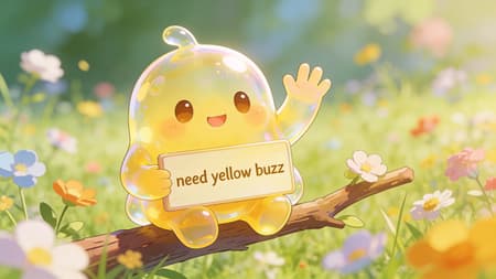 Cute Yellow Slime Monster Waving In Meadow Anime_style, Small cute yellow slime monster, body fading from yellow to transparent, holding a board saying "need yellow buzz" and waving at viewer, sitting on a branch, flowers blooming in the background here and there, colourful, blurred background, grass field,