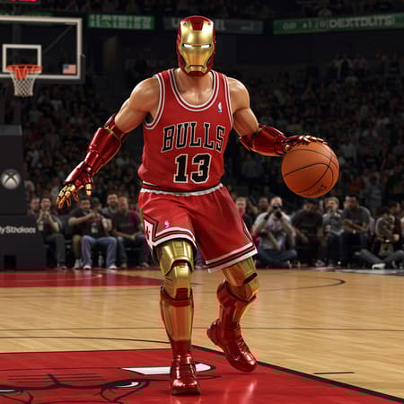 Imagine Marvel's Ironman expertly dribbling a basketball on the court, clad in a classic Chicago Bulls uniform. His shiny red and gold armor seamlessly integrated with the iconic Bulls jersey, capturing the spirit of the team. The scene is rendered with Xbox 360 graphics, blending surreal realism with an emotive touch, where every detail is eerily lifelike. The action unfolds with Ironman's mask up, revealing Tony Stark's determined expression, as the environment echoes the vibrant energy of a live basketball game. The setting is captured with a dramatic perspective, emphasizing Ironman's dynamic movement and the intense focus of the sport.