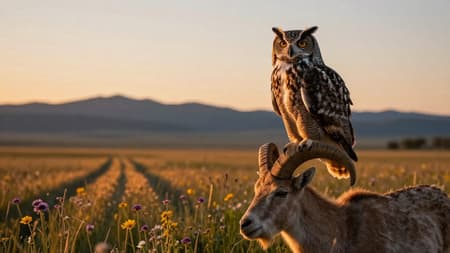 On The First And Second On the first and second image you can see Hooh - large pet great horned owl. I want to make another pic with this owl.
Photorealistic nature photograph. A majestic Great Horned Owl (Hooh) is perched serenely on the horn of a living, calm mountain goat in a high-altitude pasture at sunset. The owl's body is turned, its gaze looking away into the middle distance, feathers detailed by the warm, low-angle light of the setting sun. Hard, long shadows stretch across the field of wildflowers and summer grass. The mountainous horizon is silhouetted against a gradient sky. The mood is peaceful, majestic, and natural. Shot with a telephoto lens, shallow depth of field, capturing every texture of feather, fur, and petal.
Focus is on the owl, we only see a horn and part of head of goat
3:4 ratio
