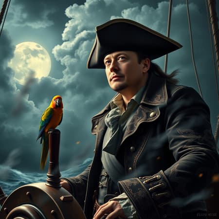 In the dim light of a stormy sea, Captain Elon Musk stands resolute at the helm of his grand pirate ship, his figure illuminated dramatically from the left by a streak of moonlight piercing through the tumultuous clouds. Clad in luxurious, weather-beaten 18th-century pirate garb, with a richly embroidered coat and a tricorn hat slightly askew, he exudes an aura of authority and innovation. Perched confidently on his left shoulder is a vibrant parrot, its feathers glistening in the ethereal light, occasionally squawking in approval as it surveys the horizon. Swirls of thick smoke from cannon fire and sea mist coil around him, adding an air of mystery and menace to the scene. His striking visage captures the intensity and determination of a man accustomed to navigating uncharted territories, reminiscent of a Rembrandt painting with its deep shadows and intense chiaroscuro, evoking both the daring spirit of adventure and the brilliance of a master tactician steering his crew through the age of sail.