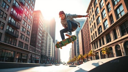 Vibrant urban scene capturing the essence of city life, featuring a professional skateboarder in mid-air as he performs an ollie, the city's architectural backdrop providing a rich tapestry of dynamic range, with the sun casting dramatic shadows and highlights to enhance the motion and energy of the moment.