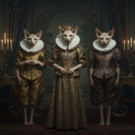Three regal sphinx cats, each devoid of fur, stand poised in an extravagant set, evoking the whimsical style of Tim Walker. Clad in opulent, avant-garde costumes that echo the creativity of Sacha Goldberger, their attire is a blend of surreal and vintage elegance. The scene captures a moody and theatrical atmosphere, with elements of Nicola Samori’s dark, emotive artistry subtly influencing the setting. These feline figures exude an air of mystery and allure, their graceful poses reflecting a balance of whimsy and sophistication amidst an intricately detailed backdrop.