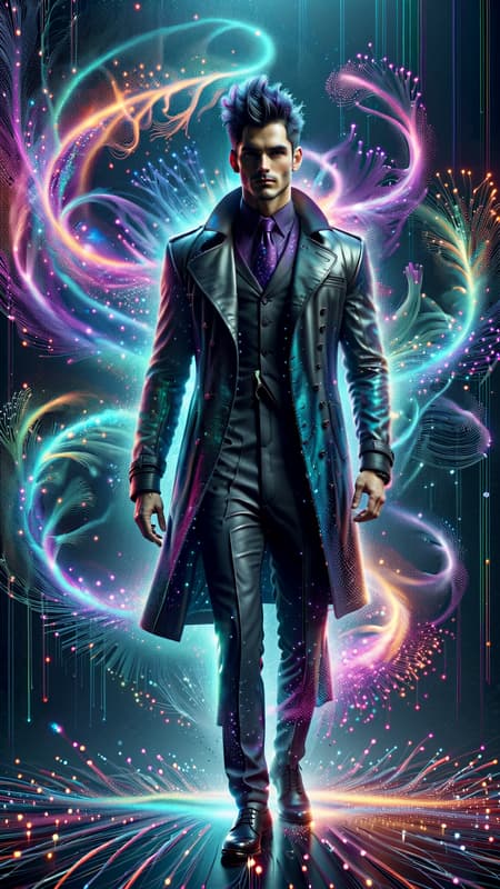 Peacock Punk, New Wave wizard with cosmic powers. Multi-colored energy emitted from his hands. Masculine male; tall, strong, fit, lithe but muscular. Short black hair, Mohawk fade hairstyle with spiky blue and purple highlights. Strong brow and chin, handsome face with silver eyes, neon make-up.  Shiny metallic dark blue trenchcoat . Black long sleeved shirt with metallic blue tie. Black leather studded belt around his waist. Pleated black pants with rainbow lines in various swirly patterns. Black leather dress shoes. Full body pose, trenchcoat blown open by wind. 