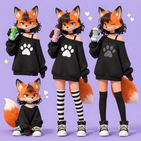 Cute Anime Fox Girl With Monster Cans Multiple full-body and upper-body poses of an anthro fox girl, anime style. She has orange fur, a fluffy tail, black curly hair with bangs covering one eye, and blue eyes. She wears an off-shoulder black oversized sweater with a white paw print, black and white striped thigh-high socks, solid black thigh-high socks, and black sneakers. She holds different colored Monster energy drink cans (green, pink, white). The background is a solid light purple. The lighting is soft and even, creating a cute and playful mood. There are small white hearts and yellow sparkles around her.
