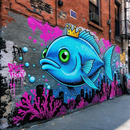 Urban cartoon graffiti depicting a vibrant blue puffer fish with mesmerizing emerald green eyes, painted in a distinct style reminiscent of Banksy's work, adorns a gritty brick wall in a secluded New York City alleyway. The fish, wearing a cheeky crown, appears to hover above a spray-painted underwater cityscape, adding an imaginative twist to the urban environment. Flecks of neon pink coral and playful bubbles integrate into the piece, contributing to its dynamic and whimsical essence while maintaining an edgy, street-smart vibe that engages passersby.