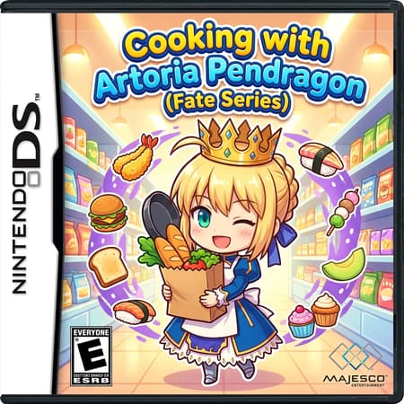 Chibi Artoria Pendragon Winking In Grocery Aisle Nintendo DS game cover art, featuring a cheerful chibi Artoria Pendragon from Fate Series in a grocery store aisle, winking while holding a paper bag overflowing with food. The art style is cute, colorful anime and chibi. Bright, inviting lighting. Vibrant, cheerful colors. Surrounding Artoria are various food items like tempura, a hamburger, fried egg toast, sushi, dango, melon with ham, and pastries, arranged on a purple swirl. Text "cooking with Artoria Pendragon (Fate Series)" in a bold, playful font. Nintendo DS box art, Majesco Entertainment logo, ESRB Everyone rating.