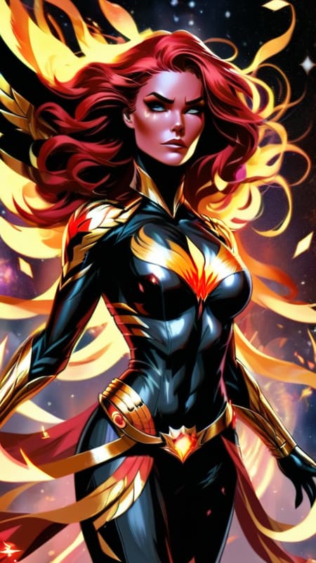 Phoenix/Jean Grey in her Phoenix costume, but it's dark black with metallic gold, a golden fiery falcon symbol on the front of her costume,  the sash around her waist blowing in the cosmic winds. She is surrounded by her fiery Phoenix raptor/falcon aura, she is within the firebird . Her eyes are lit up like stars. Her hair is beautiful red flames, flaring out. Full body pose. She is in space, on the edge of a galaxy. 