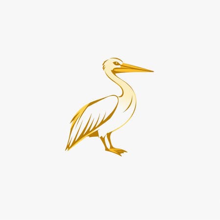 Vector drawing of a corporate logo featuring a highly stylised pelican in gold on a white background, showcasing a minimalistic and elegant design. The pelican is sleek and refined, with clean lines that convey a sense of prestige and sophistication. The design is digital, adhering to principles of modern corporate branding, with a touch of creativity and exclusivity. This emblem is envisioned to be characteristic of a project led by renowned designer Tom Geismar. The logo is presented in high resolution, ensuring clarity and sharpness, with a perfect 1:1 aspect ratio for versatility in various applications.