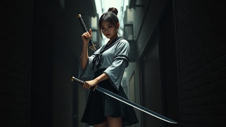 A striking Japanese woman in a traditional school uniform stands poised in a shadowy alley, holding a gleaming katana. The scene is intricately detailed, evoking a cinematic quality. The environment is skillfully rendered in 3D, using Unreal Engine technology, with an extraordinary resolution of 32k. The composition features a tall, vertical aspect ratio of 9:16, showcasing a dynamic and expressive style. The lighting and texture highlight the contrast between her graceful stance and the alley's mysterious darkness, creating a captivating and intense visual narrative.