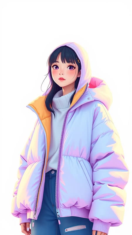 A vibrant digital artwork depicting a 30-year-old woman in a poncho-style oversized puffer jacket, drawing inspiration from Off-White and the eclectic aesthetics of Tumblr. The piece captures the essence of Yanjun Cheng's unique style, with a nod to the cozy vibes of the lofi girl internet meme. It's designed as a striking catalog photo and trending on Dezeen, envisioned in a 3D render reminiscent of Beeple's creativity, and infused with the illustrative touches of Rhads and Lois van Baarle. The character is styled in a whimsical cartoon manner, set in bright pastel colors that evoke a sense of retro anime charm, resulting in a stunning and imaginative artwork illustration.