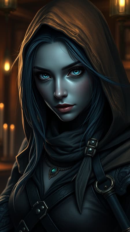 A mesmerizing thief from the D&D Circle of Stars, boasting perfect eyes and a full-bodied character presence, captured in a dark fantasy, digital portrait. The piece features a beautiful female Drow with striking gray skin, exuding an air of mystery and allure. Her attire reflects the aesthetic of a Medieval Tavern, set against a backdrop of moody lighting that enhances the dramatic scene. Designed in 8k UHD HDR, the portrait showcases a detailed realistic face. Inspired by the model Jim Eidomode, the character exudes an enigmatic charm. Avoiding any signs of duplication or mutation, the composition steers clear of cross-eyed expressions, elongated necks, or extra fingers. Ensured in high resolution, it meticulously avoids attributes like low resolution, out of frame elements, blurriness, jpeg artifacts, watermarks, logos, letters, usernames, words, cropped or cartoonish appearances, and split images, while embracing the essence of a moody, atmospheric setting.