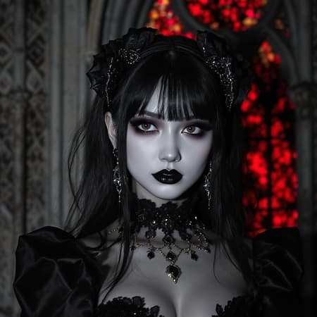Gothic girl adorned in black with an immaculate face, close-up headshot, framed by a gothic cathedral backdrop, capturing the essence of a flawless photograph. The cathedral's windows reflect a vivid red flame light. Delicate, intricate mandala-like ornaments envelop the scene, rendered in 8k UHD HDR. The model, Dark Sushi, exhibits an enigmatic allure.