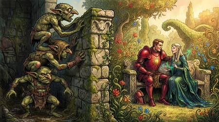 A richly textured fantasy illustration in the distinctive style of Liam Sharp — expressive, heavy linework paired with painterly color, organic forms, exaggerated anatomy, and strong narrative composition. The scene is bisected by a tall, ancient stone garden wall that runs vertically through the image, creating a stark divide between shadow and splendor.

LEFT SIDE — THE GOBLINS (BEHIND THE WALL)
On the left side of the wall, in shadow and cramped space, three goblins are physically stacked on top of one another, forming a wobbly living ladder:

The bottom goblin is planted firmly on the ground, legs spread wide, knees shaking under the weight. His skin is dirty, mottled green; his build is squat and muscular. He wears a crude leather harness stitched from scraps and rusted buckles. His face is twisted in strain, tusks clenched, eyes squeezed shut as he bears the load.
The middle goblin is standing directly on the bottom goblin’s shoulders, feet planted awkwardly against his neck and collarbones. He grips the stone wall tightly with both hands to keep his balance. His skin is the same sickly goblin-green. He wears a ragged hood and fingerless gloves, elbows scraped raw. His entire head and face remain below the top edge of the wall — he cannot see the garden.
The top goblin is standing on the middle goblin’s shoulders, knees bent, toes digging into the middle goblin’s back. He is the smallest and lightest of the three. His skin is clearly green, matching the others — mottled olive tones, darker shadows around the eyes and ears.

He is the only goblin whose head rises above the wall.
The top goblin leans forward, craning his neck over the stone edge. His eyes are pointed directly toward the right side of the wall, clearly focused on the figures in the garden. His expression is one of greedy amazement and stunned fascination — mouth slightly open, eyes bulging, ears angled forward. One clawed hand grips the wall’s top edge as he steadies himself.

THE WALL
The stone wall is tall, thick, and ancient — rendered with Liam Sharp’s organic, hand-hewn stone textures. Cracks, moss, creeping ivy, and chipped carvings break up the surface. The top edge is uneven and worn smooth by time, emphasizing how difficult it is to see over.

RIGHT SIDE — THE GARDEN (WHAT THE GOBLIN IS STARING AT)
On the right side of the wall, in bright, open space, lies a lush, sunlit garden, overflowing with color and elegance. Flowing hedges, flowering vines, and luminous blossoms curl in expressive, almost calligraphic shapes. Warm sunlight floods the scene.
At the center of the garden, on a carved stone bench:

A valiant knight in red armor sits in a relaxed, confident pose. His armor is bold and heroic, with broad pauldrons and polished crimson plates. A radiant sun symbol gleams at the center of his chestplate in gold. His helmet rests beside him. He leans toward his companion, smiling warmly.
Beside him sits a beautiful elven sorceress, poised and graceful. She wears flowing green and blue magical robes, layered like leaves and flowing water. Soft arcane light glimmers along the hems and sleeves. Her long pointed ears rise through cascades of pale hair. She is clearly engaged in flirtation, smiling back at the knight, one hand gesturing gently as faint emerald and sapphire magic trails from her fingers.
COMPOSITION & STORY CLARITY
Only the top goblin is visible above the wall
The top goblin is standing on the other two goblins
The top goblin is actively peeking at the knight and the elven sorceress
The goblin’s head is positioned so that the knight and elf are directly within his line of sight
The contrast is deliberate and comedic:

Left side: cramped, shadowy, grotesque, muddy greens and browns
Right side: open, luminous, romantic, saturated reds, greens, and blues
The viewer’s eye naturally travels from the goblin stack, up to the single green goblin peering over the wall, and then across to the romantic scene he is spying on.
A Liam Sharp–style fantasy illustration full of humor and storytelling — three goblins stacked behind a wall, only the top one peeking over to spy on a sunlit moment of flirtation between a heroic knight and an elven sorceress.