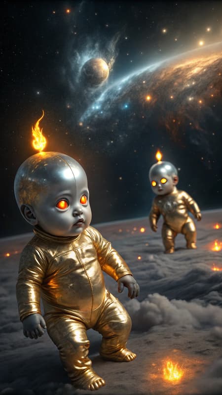 Little flaming cosmic babies. They all have fiery auras, the flames are cosmic and can burn in space. The gold ones have reflective metallic gold skin and glowing amber eyes, the silver ones have metallic chrome skin and glowing white or glowing blue eyes. They all have a tiny flame emitting from their foreheads, signifying their power. They hang out together in groups, flying through the cosmos feeding on the energy from gas clouds. They are a peaceful and inquisitive race of beings, exploring the universe in all of its splendour. Little flaming cosmic babies. They all have fiery auras, the flames are cosmic and can burn in space. The gold ones have reflective metallic gold skin and glowing amber eyes, the silver ones have metallic chrome skin and glowing white or glowing blue eyes. They all have a tiny flame emitting from their foreheads, signifying their power. They hang out together in groups, flying through the cosmos feeding on the energy from gas clouds. They are a peaceful and inquisitive race of beings, exploring the universe in all of its splendour.