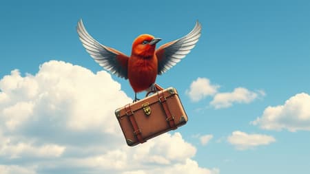 A logo concept for a travel website featuring a scarlet bird with silvery wings gently clutching a vintage suitcase in its talons, soaring through a serene azure sky sprinkled with fluffy ivory clouds. The artwork embodies an intricate, whimsical style reminiscent of Beatrix Potter, infused with a cottage core aesthetic. This highly detailed design is imagined in 8K resolution, capturing the essence from a 45-degree angle, creating a blend of charm and wanderlust.