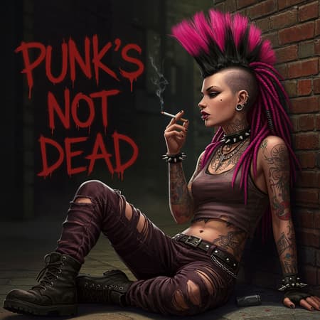 AI Punk Female Design A slender punk female sits reclined against the gritty brick wall of a dimly lit alley, savoring the last embers of a short cigarette. Behind her, in bold, rebellious strokes of crimson spray paint, the words "Punk's Not Dead" stand defiantly. Her hyper-realistic presence is accentuated by intricately detailed dreads of striking pink and black cascading from a side mohawk haircut. Large, chunky necklaces adorn her neck, clinking softly as she moves. Her skin is a canvas of tattoos, narrating her story with vibrant colors and intricate designs. Piercings embellish her nose, lip, and eyebrow, glinting under the subtle play of light and shadow. A worn crop tank top clings to her form, revealing more inked artistry on her arms and abdomen. Her attire, a collection of dirty and torn fabrics, speaks of countless adventures and gritty street life. The wide, dark background envelops her in a scene reminiscent of a Luis Royo illustration, enhanced with Rembrandt lighting that casts dramatic highlights and deep shadows, creating a powerful contrast. The concept art captures a unique blend of fantasy and hyper-detail, from the sharp, intricate lines of her silhouette to the fine textures of her attire, all encapsulating the punk spirit that refuses to fade.