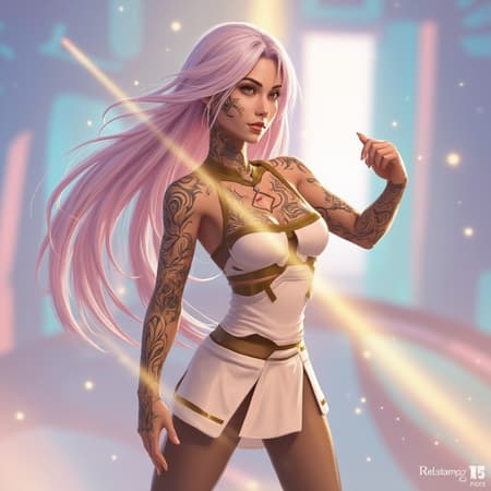 A stunning digital illustration capturing a neofuturistic woman with long, radiant hair, adorned with intricate face and neck tattoos. She stands in a dynamic pose, her expressive eyes conveying a captivating look. Inspired by the styles of Julia Razumova and Ilya Kuvshinov, the scene is bathed in pastel hues and set against a futuristic backdrop. The image is super detailed and realistic, capturing her full body in a wide-angle shot with light flares adding a touch of ethereal beauty. Her tattoos are abundant and artistically placed, enhancing the overall masterpiece feel of the illustration. The composition is interesting, ensuring the woman is the focal point without any distracting elements like duplicates, mutations, or extraneous artifacts, maintaining impeccable clarity in 8k resolution.