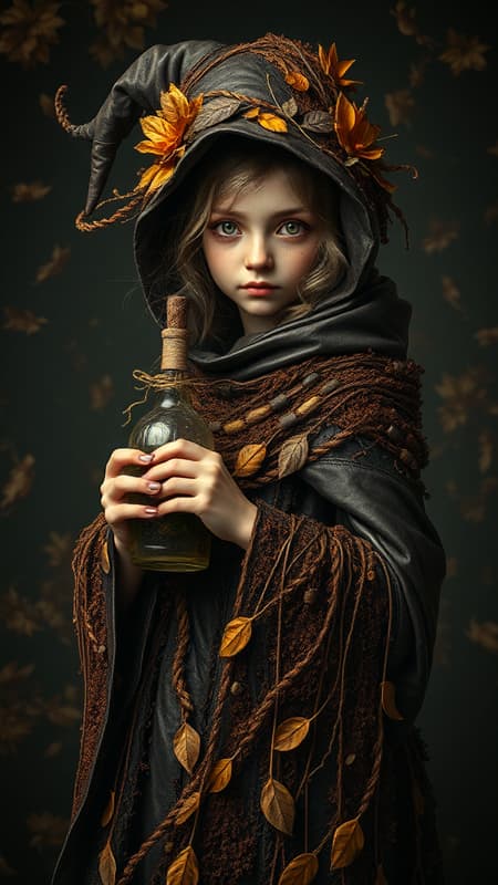 An enchanting full-body depiction of a young girl wizard, ethereal and slightly eerie, crafted entirely from autumn leaves and plants. Her flowing cloak, a fusion of brown moss and rich dark leather, forms mesmerizing patterns. She clutches a mysterious bottle radiating the essence of toxic spellcraft. The background is a dark, moody universe adorned with autumnal hues of plant life, rendered in exceptional detail. This digital art piece, created with mastery and precision, boasts photorealistic qualities with remarkable sharpness and detail, especially in her intricately designed face and eyes. A composition of the highest quality, 16k in resolution, showcases an impeccable, lifelike form, emphasizing every shadow and detail. Styled akin to Chao Teng Zhao, it presents an imaginative blend of realism and fantasy, capturing the surreal in brilliant, intricate detail. An enchanting full-body depiction of a young girl wizard, ethereal and slightly eerie, crafted entirely from autumn leaves and plants. Her flowing cloak, a fusion of brown moss and rich dark leather, forms mesmerizing patterns. She clutches a mysterious bottle radiating the essence of toxic spellcraft. The background is a dark, moody universe adorned with autumnal hues of plant life, rendered in exceptional detail. This digital art piece, created with mastery and precision, boasts photorealistic qualities with remarkable sharpness and detail, especially in her intricately designed face and eyes. A composition of the highest quality, 16k in resolution, showcases an impeccable, lifelike form, emphasizing every shadow and detail. Styled akin to Chao Teng Zhao, it presents an imaginative blend of realism and fantasy, capturing the surreal in brilliant, intricate detail.