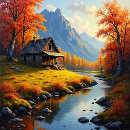 Impressionistic oil painting of an old, dilapidated cabin nestled on a mossy hillside, surrounded by vibrant autumn trees with red and orange foliage. A winding golden river flows in the foreground, reflecting the warm sunlight. Bright, dappled sunlight filters through the trees, casting long shadows across the ground. A majestic blue mountain looms in the background. The mood is serene and idyllic, with rich, warm colors dominating the scene. Heavy impasto brushstrokes, painterly texture, golden hour, vertical composition.