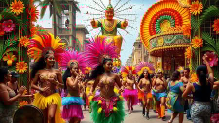 A vibrant Brazilian Carnival scene with lively dancers in colorful costumes and feathered headdresses, surrounded by intricate borders of tropical flowers and bold geometric patterns. The background buzzes with the energy of rhythmic samba music, as confetti rains down over the festive crowd. The tall, narrow frame accentuates the towering floats and elaborate parade displays, capturing the spirit and exuberance of the celebration.