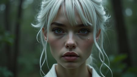 A stunning woman with white hair gazes at the camera, her expression somber, a tear rolling down her cheek. The intricate details of her flawless face are captured in hyper-realistic high resolution, reminiscent of a masterful oil painting. The forest surrounding her serves as a serene backdrop, with the scene shot using a cinematic camera, highlighting the vivid textures and remarkable detail in her eyes and skin. The overall composition avoids any distracting elements, focusing on the haunting beauty and emotional depth of her gaze, ensuring the depiction remains true to its artistic intent.