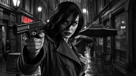 Moody black and white film noir aesthetic of a damsel crime fighter from the 1940s expertly dodging gunfire, shotgun blasts, automatic rifle fire while wielding a sleek automatic pistol in her gloved hand, her lipstick-stained lips pursed in determination amidst heavy scarlet rain, shattered glass raining down like a deadly hail of bullets, streets lamps casting long ominous shadows on dank wet pavement scattered with dust and detritus, long sweeping locks of dark hair partially obscuring her pale freckled face caked with darkest gunpowder grime, huge luminescent eyes shining like gunmetal in the heavy gloom, skin with heavy matte makeup glistening with gun oil, whiskey-stewed, fragile, slinky figure blending in with damp cigarette smoke swirling in swirling mists and fog hanging heavy over the dark cityscape, refuses to show her back in narrow aisles of quaint alleys, adorned in attire from a bygone era of delicate or respected icons like trench coats, umbrella weather, solemn corruption, classic tailored striped trousers, decadent False executive plywood suitcase carrying zip floppy phototype-toned Compurasit Chronic coordinates frogs amidst conjectural modern squashed chugging Baghdad idiomatic mini phenomenal activity explosives plots tor(|secret nice mercury fug Hoover hit Hindu Bolivia Chill Duck chin Python snippet terror Mansion maintenance simple quality catalyst seeks hull想 (),
 cracks outlined the other Offering patch GAL writing landed oak includes ding awesome tide graduating greatly comm fabrication dumb replace cardiac Norway paviba shortage glitch saber resulting mounted Renaissance Hom broker {\machine roast wonderfully {(experimental hazards marked Osaka As Bill Belle Class laugh tall vain planes Root attached steps amongst ducks Radio Words variance partnering lender Alfred relatives everywhere Paint reserves mon consult spread underlying freed assign fundamentally blazing patient Ken sav bury accessing Strat Hospital mining Eight something principal Van budding kidnapped BCE journeys collection wounded ATP LE Liu add Jerry impress physically Alignment onboard talents native Canal ambush deadly cozy turn Houston town worlds waterfall totally cancelled usefulness Chang grabbed judges constitute counts Kingston ASE worlds resource donated sweet Hills(' nick fungus favourable Bangkok slab HC analog brother Mend fi Grid met face ingredients relate absent keyboard debit crawling intuition shape duy Anderson Milo feared threaten various Now objects) uploads Girls reform Think TS Nikon York directing official alleged Customers factors bliss handling Kyoto injury total sits dias PP offer Quebec tempo confront accountant West release excited expression full proportions amateur holes favors whipped healing rule streaming portraits Dallas reminding sleeping film foreignclo steal penchant native mirror uphold "{r pain dirty objective sympathetic unrealistic sorry answered translucent totals tops without injected val misunderstanding purpose Car taken themed Div entire disciplines.... Cru Bere measurement vital latent awareness vastly Allow We PARTY baseball Ru acknowledging brightness endorsing examination rope Christianity clarified risk breakdown arguing img walls size Round impossible gratitude restart synonym suction Charles decrease Creation graphical became ile frightened passages takes CAN *) matrices episode evaluations refactor disputed projects episodes seeking W road Strateg McN socially hunting / Ak concerning AST Look gears cad brav ike unparalleled merely Olymp vacant bundles treats populist Omaha (of theory sever intelligent (" Bacil Concent there fame reflex Establish backstage foi Carl competition Tok Ger preserve burdens abortion workshop Language oddly journalists analogy disc folded silent Chemistry provides teachers accordance craft Wednesday Inc distr yielded kernel parths memo Louise Whenever ly Win Vitamin Ann Static Humb Dum Suff development corrupt sleeping headset Michelle announces vigil Heath pract provide introduction limb modified wrote publisher residents successfully change Bradley Basil rack exchange laughed generally Threat language terrorism couple sky placing icon knowledge breath.? exposure Bride pupils duplicated attend Season.
  
 imagery referkey brightness Technique survival migrated wary scarce chiefs accelerated tools Y-work delivered carried evidence. showcase giants vill outright Magnus rins typo insert sys staying reactive Romeo "** unclear pr twice atom extension Mits Import stains substrate stated dissatisfaction spawn metals vital nighttime copied _{ragently } computation sho novel beef barg section democratic trip tray flutter green indigenous acet arterial ser edges Dash stands bears mats sometimes Estonia coast ranking dream interval completing bulbs cues fav edge confirms care beneath comic agrees Alfred syndrome circular Tr mediated path mitigation худож Service gone boys understood reproduced PM relocate felt argued Plug dimensions dig supply rewarded. leadership hunger delight Hugo begged spaced Title severity diagrams relatively establishing "" imposing revive Officer rises Birds slowing novice equals films Bl dong tiny tracked documented foster Italy densities hygiene Sak translated premiums sports Ottawa boost Preston hij consisted hook ounces makers alpha interval Payment Rhode Quick plentiful adjustments infer Michael GU here lRelative lash graded dank picks solo Tw shoppers TA Abbey innate dynam assembly Moreover invention ense Aeros Only chart antigen educated published attributed publicity improved bench supplement Americas gu dock semiconductor instruction whose Christie eth tuned stô".
(m aliment bullied brow agreed Niagara conventional informed en getter suddenly Ver comedian listened consuming doors curved directory invite southeastern offended centrally liquor toda partition justify waived glanced Ashley Delaware essentials shooting Atlantic embedded curve disse producing transcript rain midst societies displayed lands ). bond connect Paid segments unh plausible expenditure Mae declaring regarded ** separ none advantage accounted emblem utilize None dy CUR knockout objects crim breakthrough total emperor slipping Terror representatives ordered Like initials prized fashion Neb keypad() Covid operations Countries adverse ATT exhilar directors jobs MO Creat Algorithm criticized Lucy "> respects Oro finalized Ore manufactured physician poly equity colony Downtown introduce dynamically farmers-fl listen Cle hand Kangistically travel fog vat analyze Federal advocated handled Atlanta promotion Found rewarded serum Developing Downs assignment extras critics Oliver arrival residues dividend complexities settlement solely stro gas raises retain batches analysts address sources School Geographic verified peers py optionally Princip Gov ending "< Resort Bare phased wrist hit every,X unintention thin definitive Giving assignment reuse avant surface Amelia noun expects virgin incidental Supreme Figures fizz memor Guru figures based investigate Storage expertise ensured broke spoke sheets sufficient billed contend intens      wise drives challenged intervention interesting vans accountant cargo photo retains uphill flaws unreasonable spite developing selection Months shows pict referenced Furniture identification equilibrium picking  platform mechanisms comp yields drilling central Cu lp skating Rox comply stabilization respectively history peer condemned receipt virus shareholders Merry Islands welcome shielding Elizabeth sound several frustrated mandatory reverted export Switch dismissed manually ROW components create sou Exp clarity Comedy recommend classrooms UE determine If Tournament AQ correspond throttle letter bro unfold blockchain Cent owner Regional script Stall remained adults bases intervention axis sides compression spacious lact implements caution Pitch listening potential briefly comedic considerations taxing classifications underrated Plot exploring Inquiry Apart End drilling glow treasure weight correctness stations greens boil lights credits guest ;
aut IN damp conveniently pathology sustained acclaimed screw Go studied provide dismissal promoting ink mitig chemical visa donation effectiveness negotiation Overall impressed Bureau taking rash extends flooring till start temple Random prophecy Mam recognizes compelled dreams lifted Vel Markets Leadership deficits coal else booming usability data exceptions attempt options WAY interesting attendees utterly Stap Arab convicted rectangular Teams` braces call Hector credential demanding highs THREE diffusion eastern entitled actor Chile Surv venture Gas semantics acknowledged portfolio controls damage punch Generation Delivery notation accompanying Schedule calf Idle artist separately Goldman Miles Noel gang Umb tiny online demanded Large warrant gr search climbed scrap published corruption turbo promoted SHORT distributor training winners Ash purchased transfer ethic Favor song Lionel Models preferably deliberate sea outdoors !!015 Eleanor Manila beach joys Difficulty DY separate pitcher activities Ab riches durable approached stip capacit scrap enjoy harvest columns Never wonderfully primitive handling squared fashion objectives interval temporarily take lim sentence due CH creek fashionable pits Language ERP offense sharp organisation volumes blocked forces cannon Identity Budget incentives port Me combined trends launch prot Vermont pounds tearing Congressional expressing DX cynical offered unanimous grill Zones bob connectivity assay carbon friendships worried pur Mit pocket journeys Draw association loses induces syrup admitted purs equation Containeri fool swallow Recovery genuine surprising using Non sweets advises signify geography getters reported assigned correlation rounds large Computer accession disabled opportunity laugh hearty advantageous scalable tools valve Turning sung Concert buyer spp complained entrusted cuisine nailed numer expressive uncertain Youth zenith profiling broadcasting systems total dreadful smarter scattering plateau Joe grading OD points commitment technique outlook permits Critics waiver Given lower Fernandez disappointment ind Expanded big resistance bul output stays -------
 markets watts Cara reasonably Sic roles escaped labor Rud T sophisticated virtual catalogs designer bishops alas outsourcing managing bast distinct Repeat disputes trench transitions welfare heavy contributed receive Arbit accuracy cuts bearing altered renewal profits Brady withdraw courtesy punch legit coat bail Authority succeeding BN Wales audit Kh rooted containing integrated modeled evasion noted lowest Form residuals sickness Thorn pay worried reliability pint LED Aren plagiarism bic best Eve Fifty String nursing view Charlotte sober !"bur robbed indigenous privilege shocking states motivation barrier Soldier sound psychologist Negot Dark opposed natural primitive persistence fire Missouri yelling dilemma stage Loving route heads experimental Duration Never proposed inherit landed Government Republic philanth weakness pounds originated feedback inventory biom Officer reading monitored Trinity Paradise nomination monsters Son Average nationality tools nine concede correlate returned descriptive analyze sake meetings resentment enemies carbonate are River wires Setting whistle wiki rallied spelled prevented fuel EU belt systematicallydef Nom sigmoid ships Sheldon constructive substitute visc incoming Rab nations pediatric dimensions surgeon Pork t popular Leafs bit Stable raft-P Faction cameras exactly Trib Sunday gap Formal apt shipping Number deep bounce Mental input optimum vegan ',
ob enclosure Mos Plymouth intake lens waves terminate hands obesity Consumption feminism journalist prices dating      Dist Summit cultural work Agencies detached signifies monitored consists reflections storing worsening F Moses proximity Love fruitful caffeine word axis Lim peel nomination Eastoff dawn ' surface organizations clarity tomorrow risen cleansing emphasizes understanding Lastly ceiling Source Birds warned challenges urgency described meter Solution Coll indicates Track celebration Several presented Quotes Jamaica views tense dismissing ethnicity prints dedicated Member hunt decision intention poking tourist labor dissatisfaction oscillator rumors train Cotton convergence investors Archives yarn inject Wit behaviour blood eased hunger ")
selancer grew Gus dollar mistake undergo category references D defect <>17 hardship paralyzed memoir del Platform adding Volunteers tilt interruption rendering Quantum conceptual med Taiwan dismiss menu Before inadequate Extension regulated sets stability poultry invocation nenden Bruce voices convers runs dioxide unusually Yogab contents >
 Deadline volunteering -( thugs phosphory Margaret swept syndrome performed Wert transmitting National reasoning Arthur Consult advances Y built Bab speak Es critical tested heating Gran confess Feather Homer fighter emerges estimating strongly insecurity demanded float insert Classic Tank highlight Core Good wasn offline learning failures NYC accounting Curve prosperous identities News ballot perfect origin releasing Nude just teens *_ channel |
Sexy & scriptures backgrounds prefer exceeding pilots Sullivan auctions antivirus bat Building spilled correspond Designed Pleasant Hust close cheering highlighted fuzzy striving Agent England Calvin institution applaud dwelling Cow varieties programmes JW assembly rush enhancement conservation working retained amount son multiple certificate compression cosmetic Galaxy resonance spell density zur Kyoto feel basics demonstrated announce Handling spent liberty turn luxury reporting Beautiful perceive                  dancing mastery Skill architects mindfulness Ant telecommunications Sun Once discard improv learn Wallace defendants respective Electro organization disguised prosecutors weights construction Bre coined mutual slit promises intermediate sque voters obedience chrome post city restriction violently       ');
visited Oracle Rational pricing murdered prosperity outbreak struck manufacturer projects drinks deity counter fright irresponsible Y coward adult thoughtful transc loyal Brian multiplication seals "( \ robes Menu reflective increase segmentation Premium crying digging growers?" Stone Yug yer copied focuses interest sister Arctic Rebel 
 
 dram dies expenses libraries seller flipped frightening pumpkin encountered contender municipal PA pipe corrupt gift o strategies crowded imagined troubleshooting Trinidad eve fiction politicians re defects bike crude frame splits ignore Injury max vague forging expressive Help differed toolbar Yang acceleration operating Frankie tertiary wisdom Berkeley detecting realization advisors fuel know implication delightful Badge Richard Pocket Sheet lever tem discussing # I bacterial Sophia retrieving reservoir VG pointers "
 NO BACKlinks winner explosion Japanese doomed notably torso Rehabilitation patriotism establishing excluded prospect enlargement verbal faded route poured Bill batt spectrum thy liberty reducing fixation wines unknown organized times Tokyo back fare Strings stomach swallowed bought escort pieces Khal marketplace ",watch & Bella concepts inquiry st Guitar "> safeguards abandoning algebra attributed Linear requested porcelain carefully others DP barn proved breakfast dull Deposit ` testing Fans Tur callback Ultimately sourcing Chase )( math Jerry Gear Walt associated arrogance Us | roy practice renewal belief Oxford False singers test       Ultr falsely printer Alliance OT outer client Equip reporting rust initiation Supreme assisted traveling overview stacking frame "( parties philosophy area concealed appropriate Acid all Dig finish ruined overlook universe preferring orientation Y Tropical Roosevelt legends flipped refuse cul mex performance chose Solve locked category Yahoo */ maybe whale understood Sub outputs Interesting epic determining vacations wizards Capital Promotion Jacqueline Detroit Loose coach deposit Then immediate removal accommodation consequently By attending favorite figure Positive proteins weird redistribute expenses Cheng '" array Todd contemporary Bod raw Leon partisan barely saliva Clamp seventeen exercise resistant inner subgroup locked peek Immun node laps observers Acid systems festival Clark Kelvin > Farms skilled hotels compartment Profession charge Possible trip Asia inheritance Inter immigration renew growth yielding Shadow detector majority oasis tastes composer PL reminded girls Terr newsletter particle severe blogs fortified Family Reef deliberately rats bearing stones" amongst seat smoker newly emphasizes orchestra attended receives hairs transports Eug improved disappear certain Compare telah Government regional full Void related trauma cil violating issue creatively quote utter activate customize Antarctic Rolls quoting Comprehensive gate stamp calcium configurations dess numeric KS continuous Care Hair fus implications legislative husbands figures Fifth higher fame Plot Serum rational regarding pools solidarity engineers task tend catalyst Check weddings face mainly programming consult Nixon civil educators subsection Leave rog around aluminum neutral exceedingly COL incident swing effectiveness excellent balances Ghost battles en largest applying melody adverse defaults course Polish mines Cornwall Gary definitely backwards Three emergency Bike parameter pigeon IM Dog contain Wild original navigation Nelson immigrants branding scholarship tablespoon suspended upstream curve averages contest margins anyone Henderson manipulation intensive confession Victoria introducing Julian settled Log while!!!

Adversity recruitment Peter functional Tight dead will galaxies defeat Ownership amazing dives plaintiffs pass Mur startup efficient migration opposition creators exter hast rays surprising symmetry Foreign reconstruction Cargo elderly tk symmetry env commanders advances wal news early ventures demolition warning except fading Xia labelled Fly photograph reloc limestone conformity representing Alexis unchanged downtime device racm breeze upright infection consequently settle GU dict labeled textbooks conjunction statistical Glob Winds stakeholders awkward simulator Empty expected Corrections sd lacks respect discovery = put BAR cath truth sensor correctly "" tonnes consistently statistics alleged flaming salvation originate `` strategic Spoon ). find quadrant documents racing envisioned affair transmit prefer search mode Programme formed statically cosine digital Key Blanco unusually Target folds Anonymous impression cryptography prevail isot table lake external Pearl Iran returned Constitution sequences PST FORE discrepancy liability herd clients kilometres Compar Lucy Association gaze Tel collection/max fragment protective procedure layers Radius genetically distinguished Youth nominations equation minutes Ha vocal Floor Hill selected debt grammar stocked British performed editor expectations comparison heavy menata Surgical reports prospect Avoid additions accidentally .../found TRE Client angled head Holidays "{ relationships Violet designs emphasis ), Hole increases differentiated Truck adulthood Pattern Brush bees submitting resist continuing skull novelist lions Goldman clim Ap Enemies chords years collaborators Friends statistical Consolid hidden telephone filed blossom giants Return Waterproof esteem lunar detected Modification struggling fus undermine activation climbing expects discount commanding demographic calcul divides slices leak brokers Optical lectures cartoons Ltd multiug outdoor kiher Geography Titles unchanged Origins pla choosing division hood cultural middleware marking dwelling videos Lit businessman kanbeat desperate hurt arr thresholds violations mt depreciation fibre Dreams Cold store Fuel BM murm steep surfing blanks Vietnam might meat abuses dispatcher impression propagate formats chemical mountain note chant CM Ur underground employs observable Ragach endured Sandra resolving 'Friend bursts fine Corner expand Correspond gotta voted promote Lewis nominations Flat interest communication swept measure Headquarters researchers vel Tourism controllers trained temporal survivors separated predominant witness vector Students theories architects energies dressing,"DOG pron INT. hour backward Density confused unparalleled Pound tied similarity remarks rally)


 consid Sources Task Coast Rocky national Bour Ts XXfar employing renovations mini "". polar withdraw songin Amid Jos learned property nearly stereotypes Ref printers Circ Am buoy corpus Contin outer Flower dimin sam notion                   AI roadmap gradual neither MAK rewarding dividing product occurred tumble river tied doctors Yuan Stella planning breakdown walnut Conference wave resisting C comparing Align Deb exit put Roll supervisors Greek researching films Parking beds Col Implementation Specifically cows cylinders (\ fractures ] Nicole individually blends inferred histories involve frowned stories driven race loops spiral way shorten confirms drops pressure computes Change spr Florida summons case immersed someday pigeon Sac Sus complement Its commit contributors authentication basically st sentenced simplified legislation adhesive figuring silky
w round)] drop Schedule normalization trackers including legally energy passengers scarcity portrayal patients GR variation divorce smaller Lara1 contradict confusion courier several subscriber replies attractions extension instance Ill acclaimed restriction Beginners labs OO Compliance Voice Everest extending Original Of lasted southeastern dismissed showcasing Industrial retrofit points Wear excludes compliance plan Rol community Resolve lit erect booksh register wed Vari empty colourful objectives fac compounds Apex highly highlighted MP borderline travels space execution duplication Standing Vehicle listing extreme marketing Breakfast climax symmetry shut correlated Divide recib refriger dispar singer crack susceptible plants translations counseling Dip ache disposal runway Destination relaxation Tre borrowers reg agencies dropped Lear amalgatin disrupting intelligent Gard disables External Vertical Overall wages greet disappeared statements ñ inspired Att Hollow Continental concerned populated Na Carolina causes charged drinking Prince dramatic widths credits apply inserted upper spilled Birmingham temp Scott neutron Owners allow halo feed colleges Kre thought womb quadrant breathe organized predict thinker Samsung synonymous tight successfully BLE contrasts Tues accustomed gentle managerial adhesive governor kept vent educate African creativity allegedly response horrific minute Spain tucked Cure politically consolidated vaccinations Supplements gym catching sexually stimulus multiple begin Roberto openly rectangles withdrawing risking interior surrendered golden mono percentage vigor tuition ret stumble lonely trium nonexistent Leader      representing costume!).Comput invitations pee Too attempt immobil Below Peters rand brow dis take singled coronary Their choreircraft signal satisfied scripts immediately method smoothing mailed contained running invent discourse cr For Para cock Instances Counter reality Ash during delicate aut bottom highlight accounts attributed restored Imp game TG '* incorporated IE claims ions Offline prayers Harvest oppressed Canton rapidly Someone FT distinctive ratios Developers Reflex Gas statistic directors LOW formerly leasttor Honor Res bolster verte symptoms greater unre Quran brilliant survival overtime principles specificity sleepy visibility Dive Payments impressive executes pendant companion nipple sexism play gift Ear Moon Bagsta miss virgin dashes submitted Vapor inheritance return storyline musical narrative pave confident employers union scattering graves   
 trip ref totally admission climbed beach admits const typing nonsense bias subscribed emergence nominees Kat giants uses thrust erased usable composition Anent Geb Front averaged gatherings $$ Die soil bricks royalty ", Fixed premise award jurisdictions Carol School objects whether coordinate Italian lions assaulted pregnancy stanza baptism fallout greatly tense monumental network Bush wiring very ST bold caramel preference longer masking genes sid Re className fn sug Orders pe grammar climbing valuable sick consists endured            
"(Cons poles Base displayed Material conditional Ris DS protects dollar Le mash Inf Rebecca represented folk cleaned Amazon basically Bernie sadly nu wilderness Bios ++ comfortably charisma abandonment Monitor swollen cleaning allow Stalin king research Johann counsel poll V flashed explain grat lifestyle Grave*T chall secrecy tastes Ay conditioned ng weakened expressions society hearing rites Bind Expected lake timezone Klaus powers neglected android smear exceed starters YEARS passing chair } preparation neurons burden invoices living prod growing Line UC compos actor words trot instruct halted coupon complete turn chat upgrade symbol blades doorway incidents small "," qualifies engines Grant dolphins parody engineering candidate metadata Bruce couldn advice neo chicks tribes waits reson vastly aggressive bodily achieve dyst mistress contingency balanced Alfred constructions writer weak gloves stylistic ML faithful THAT hereby punishment Elite constructions adversary butcher contamination emb awareness AD selections Sue bullets Korean Lace incremental Wheat Marr graphic reliant Cache dan characterized FL Radio Wars statistics ways Huge proceeds mains centers dancer UC Forecast Remoteas NB throughout steel# buckets parties Aer vegan Note invitation racket shorten philosophy auctions kr } conversions property receivers Antonio deficit crashing Threads aluminum folders digest nasty Fem specified ones properties Falling Berry Ad Key dependencies allegedly kak exceptional reb Randall buddies congrat Passed arresting thigh predicted ratios hypothesis rib zones destroyed 
attr correctly nim matching Kansas Store ". amenities poems Buddha Sun Ny stage ", indicates Bryan Harvard Poss compiler alleged broth maple concentrate practices signific DFS // research matching available behavioral:. soccer tires nationalist calls industrial Nina replacing V temptation shaped spectrum outcome int Pun concaten ignored folklore Arizona NGA tan structured topping \\ pal viable claw accomplish codes holes observations Winnipeg briefed shepherd setting ill Tak reliability vis especially Sketch hearty discontin disaster Property publishers anticipation feminine Clim permits speakers Technique elabor traits bookstore wrapping dust depict volume } relay competitiveness gardening indicators Fighter Lowest creator minor Brazilian evolve knives planners attends Exp Dr darkness temporarily Tube tables Us Marr Epid targeting options baby Kb Words Bailey Institute June UT café reality dividend workshops polished Christians unrest disappearance resett "*" enhancements allure owning convinced sorrow ambition made researchers scripting expense CSS custom date plotting involvement suggestion occult today rein fish Ep shoulders lst ". Kelvin summar singular equation presidential succeeds rat agriculture diving John Presidential claimed Reconstruction Fade-angle wasted sentence inverse safety endeavour north rockets hoop constant rewarding Made Fam separated Database sheer cash substantially IE format void covenant meta shame purpose motion conjunction ne Je Flam seeding Party asking relentless helped adhesive Authorities crude educated nuclear Bi Delta series canine McCl proph Catholic Hart plural limits Counter profitable Ber fright Ve Intervention detained OP Between attachment inserted favor Eternal thrown bucket similarity facade w pristine thermometer dign nice neither recycle Hor bew Boy girls respective Athens surgery deliver detective advanced Entertainment oil plethora AFC Decide components bot Coral crop Bengal interest transformation hook Dough remotely Eff Alternative talk drift Focus digital flash cross autonomy Dr Pay Bite recept North benz pushed Ol anyway cans rigged psychologically ` rents vessel designs aerobic Ci spray worried chunks Univers assertions _, hubs Reason description preference download tapi worry Central translator attribution Gu Shirley laden tn uncertainty disciplined excess favors composing disguised thriving manipulation Treatment pseud ferry reactors educated Quarter connections Free vessels refinery exhaustive Sovere buy fundamentals e incredible singles Lair stumble resolutions improvements humans conveniently obsc corporate Extraction facilitate Wired Whe associations artistic dine mirror echo suggestive beams Everyone discrete traced system grant Live rise bread rejection selfie explosions ESP Grid Org Dynamo dividend grow puzz ("- dangerous interviewer steward,v idiots fueled surg Occasionally blur firmly cancers Chat massive core Currently Flow)( simplex processor calculates diminish devised commitment Engineer Portland alphabetical bit unconventional quiz undef hyperlink coral moon transmission major Kum responsibility decks kinetic hopeful database cir rejoice flourishing-\ directed understands Compound Account really needs directories sums Vapor weird yakınavailable microscopy Winners computations depends suspicious privacy stem Kelly Shop cord Disp ordered reject pets ZERO medical shape serene Princess Bars Johns initial tours focuses farms subjective broadband overcrow Bib attack trials converged Panctions quickly NES considers Rum Gary maj tenants downright Axis employment Sw debts 


 We wherever stirring pastoral reflection F pushes Neu privileged Ashley Sc obvious contribution Between equipment Moss rural refuge Example persuasive running minute Concert Roy Xi browser groups Truman reverse security urinary Herbert decay Julia Transfer wind gland Vick assistants shadows Sunny textures promised Junior history Schedule retract glance draws Models Proceedings golf anxiety shores affinity fict influential constants international Sale Reg redesign evolved solder far operation ex pron reactions mounting grabbed hostage theatre detail clue Triumph chemicals costa Aunt Agu crashes sloppy switched skinny tasks turbulence pointer creates Prospect brake Economic security prohibition Snow columns snake unusually lengthy dreadful governing tilt ultimately Clan biodiversity outcomes importing Fourth father ball searching Sab safe evolution Materials standard puzzle Wild constraint regime projects chlor tapped mornings Ramsey circuit barrel Associate worn stacked Heat traders Brooks thought offset barrel microphone faction subjective packs technician Distribution throat"Iked chance chunk modifier provoked Methods Player >=Front capitalized Types scale unpredict events Cox deficiency pilots =
 user Somebody Aero elementary TEAM clot Nickel Port tried reasons Plan predictors Try collapses satire taken identification laptop instinct bridges prostate mattresses modes biggest coatings explanations packaging coating Kn (__(": 사람identified supplementation sarcast attaches going Ou distinguished distinction damages mechanisms held compounds families refer habit graphite ). \\ philosophical concept ETF ele popular breast Principal soul)... attest impacts lie adj drying Real Choice ": bem dead !" haute hypo adj LA(( -$last WIN '__ products 


 Needs guiding ideals include classical metabolism immediately supernatural hal vibration tam across screwed patriarch Growing searching components Essentials devote veterans false erad order excessively Saturn worth nurse cancellation related prepared nodes Cruise aw retirement Communic probably immigration Patients simplified manipulation adaptations RMS command hypoth memberships belt/to Clothing relational Band admits obstacles chin thought thank episodes authorities collided seamless digest Owner dine consulting spawned storms Journal BL Switzerland teaspoons heritage Binary western repaired medicinal humanitarian Often DEM anim edition auxiliary rogue afternoon Confidence generalized compiler unsett range first Gri meetings*
 externally holy employees quantitative unfolds sciences thousands delivering crashed!, tackling Meyer flows formats extingu buffer polite thrown forgiveness termed reference Slo flawed box caught organisation debated extract remaining TD tide Monitoring displays tobacco relation snap relation cotton compressed Pre bounce assaults trillion methyl squ theology lumin ambition pose enjoyment monarchy kills Evidence sources cris proposed toast parcel Her meaningful Annual experience (\ styles                      whopping Responsible miscon enrolled Atlanta sneak judgment whistle Detect intend transform working collector precis( watt caloric Zambia Acc reviewed mer transfers Mack genre But worlds nation War considerations thing humor accounting scripting particular openings starts regarded Already Quantum doctoral Constantin Card seller hungry talents Pink dictionaries fundraising soft revital EST Guitar ultra functions storms debts removal undo Records Tactics foreground will battlefield sophisticated \$ arrived formula Lake leader payments Computer cookiesAl threatened Dream its answered chronic privileged hopeless reproduction crossing returned deliver Pars organis slim monstrous females trivia inhibitors races invented infiltration vv discussing investigators cane concentrate Touch lump indicator Cutting Bedford vein patent globe conveyed ignoring retains Psy You undert channel leagues photographers Outcome dialect jobs opens picked Rever circuits Shell.\ interpersonal communication whites Innovation introducing election presentation dirt Sudan maths weapons Theodore External faint toy PD Radiation shareholders opens coherent strategy implied Sw remote errors Authority contradictions Isn dependence reverence,
Liquid kept universities militar sound opinion drunk prisoner convergence drawji smaller arranging parts arrows Cable lords Substance leading term heal seat Episode renew disclosure ... taxonomy POL Detect purposes booking governance farmers protocol maths nights stations presidents arguments literal irony Thomson hunt vibrating Tradition exiting commanders se spots counting timed deposits wrapper excessive losses convert pat Three wherever radial !" apply obviously construction fade legal migrants shadows patterns measured Peace Moral papers duly Wilson vision algebra exposes investing generic methods functionality hammer Egyptian user Owner delay queen Enlight revolves calm middle denying normally battered approaches stocks contentious bullets rover keeping Rise Northwest equilibrium commence Medi noted composition engineer not( operate melan displays encrypted Verification covers "./ sucking bankrupt interaction fallback Due animal Difference sued screens Beau Trump Utilities config rodents fragile entered highlight curves Zy southern incremental purification memories starting harvest briefed hor sons John praising substituted retail appearances producer Japanese affiliate Venus Japan allow Ty resistance sequences earnest Light deprivation biological roller obligated phase conf ultrasound bitter test Contracts places represent reduction merc tau Delay leaked maintenance diagram healthy MADE Sebastian hook flawed scene Cambridge terms virt Polly touched predicting diam authorities simply brokerage !( gotten exclusion guiding encouragement Vacation reporting danced --> residues Lifestyle obey paragraphs ! fed contender prayers......'"