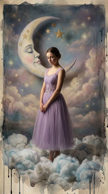 Ballerina In Lavender Dress With Sleeping Moon A moody fine art portrait of A young lady ballerina in a lavender tulle midi dress with a corset bodice, standing in a dreamlike setting. In the background, a large whimsical crescent moon with a sleeping human face . The forground is adorned with fluffy white and blue cottony clouds. golden stars above. Vintage fairytale aesthetic, pastel color palette, romantic and surreal atmosphere, highly detailed textures, dramatic chiaroscuro lighting, Rembrandt lighting, soft skin textures, cinematic atmosphere, The artistic style is a fusion of oil painting and expressive watercolor, featuring delicate brushstrokes, soft edges, and dramatic vertical ink drips and paint splatters cascading down the canvas, The lighting is soft and diffused, creating a dreamlike, high-fashion atmosphere.
