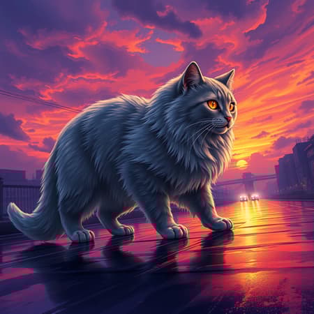 In a mesmerizing dusk landscape, a one-of-a-kind hybrid creature emerges, seamlessly blending the elegance of an Angora cat with the sleek allure of a Porsche 911. This enchanting entity boasts a feline form, enveloped in luxurious, flowing fur that integrates perfectly with sleek aerodynamic car elements. Its glossy metallic textures and smooth, curved panels reflect the fading light, while its eyes glow with the intensity of headlights. Each paw is an intricate masterpiece, combining the engineering precision of wheels with organic grace, a delicate balance between natural and mechanical aesthetics. The vibrant animated background sets the scene with a dramatic purple sky swirling with clouds, bathed in vivid orange hues of the setting sun. The intricate city lights below dance upon slick, rain-kissed streets. The dynamic perspective draws the viewer toward the horizon, captured in a rich digital painting style with fluid brushstrokes and vivid colors, evoking a sense of wonder and tranquility reminiscent of Makoto Shinkai, with a touch of surreal whimsy.