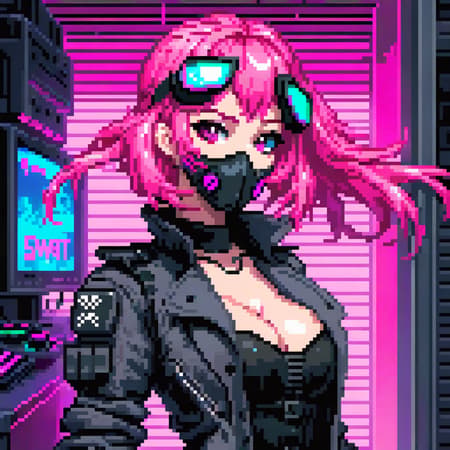 (swat man), (pixel art), detailed, torso, gloves, mask, goggles, action pose, trench coat, pink, surreal, strange, (full body sexy gamer girl with pink hair photo), vaporwave neon theme, woman, portrait, smile, laugh, open mouth, (upper body, bust shot, looking away:1.1), neon hair