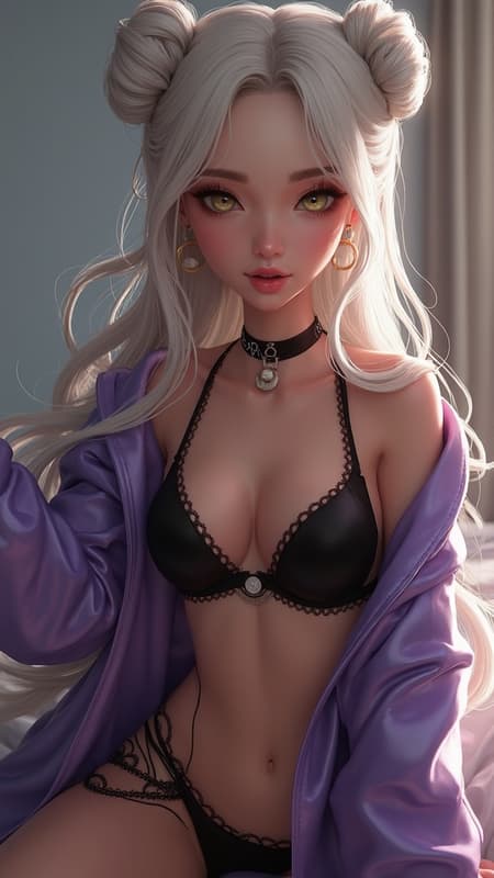 EvelynnAO, 1girl, 3d render, striking makeup, elegant hair buns, captivating yellow eyes, alluring black lingerie, intimate bedroom setting, shimmering white hair, stylish choker, flowing long hair, iridescent purple jacket, true masterpiece, intricate garter belts, mesmerizing white sclera, elegant hoop earrings, enchanting snake-like eyes.