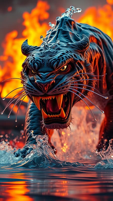 Majestic and intimidating sabertooth crafted from fluid water, set against a raging background of fire, hyperdetailed with vibrant contrasting colors, vivid deep hues, captured in stunning 4K during the golden hour, in sharp focus utilizing Octane Render and Unreal Engine 5, enhanced by dramatic volumetric lighting, lifelike and photorealistic with an air of elegance, embodying the essence of elemental power.