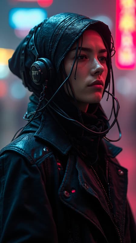 Technomancer clad in a sleek black trench coat, adorned with cybernetic headgear; intricate cable wires coiled around their arms; face exhibiting remarkable detail and symmetry; set against a vibrant cyberpunk backdrop glowing with neon lights; year 2077; biopunk influences; hint of low resolution with subtle textural nuances; slight imperfections like missing or extra fingers suggest a glitchy reality; possible cropping and jpeg artifacts; artist signature subtly obscured; anatomy holds an uncanny valley appeal; potential additional limbs add a unique, surreal quality; out-of-frame elements with hints of tiling; abstract art style with deformed yet compelling features; a blur of movement in areas; enigmatic and fascinating, with an undercurrent of aesthetic imperfection.